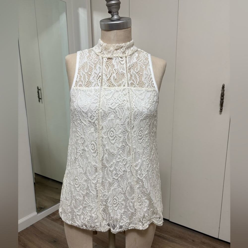 Ivy Rose Ivory Lace Sleeveless Mock Neck Top Keyhole Back Women’s Small